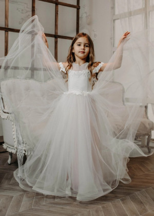 Cold Shoulder Ivory 3D Flowers Tulle Flower Girl Dress